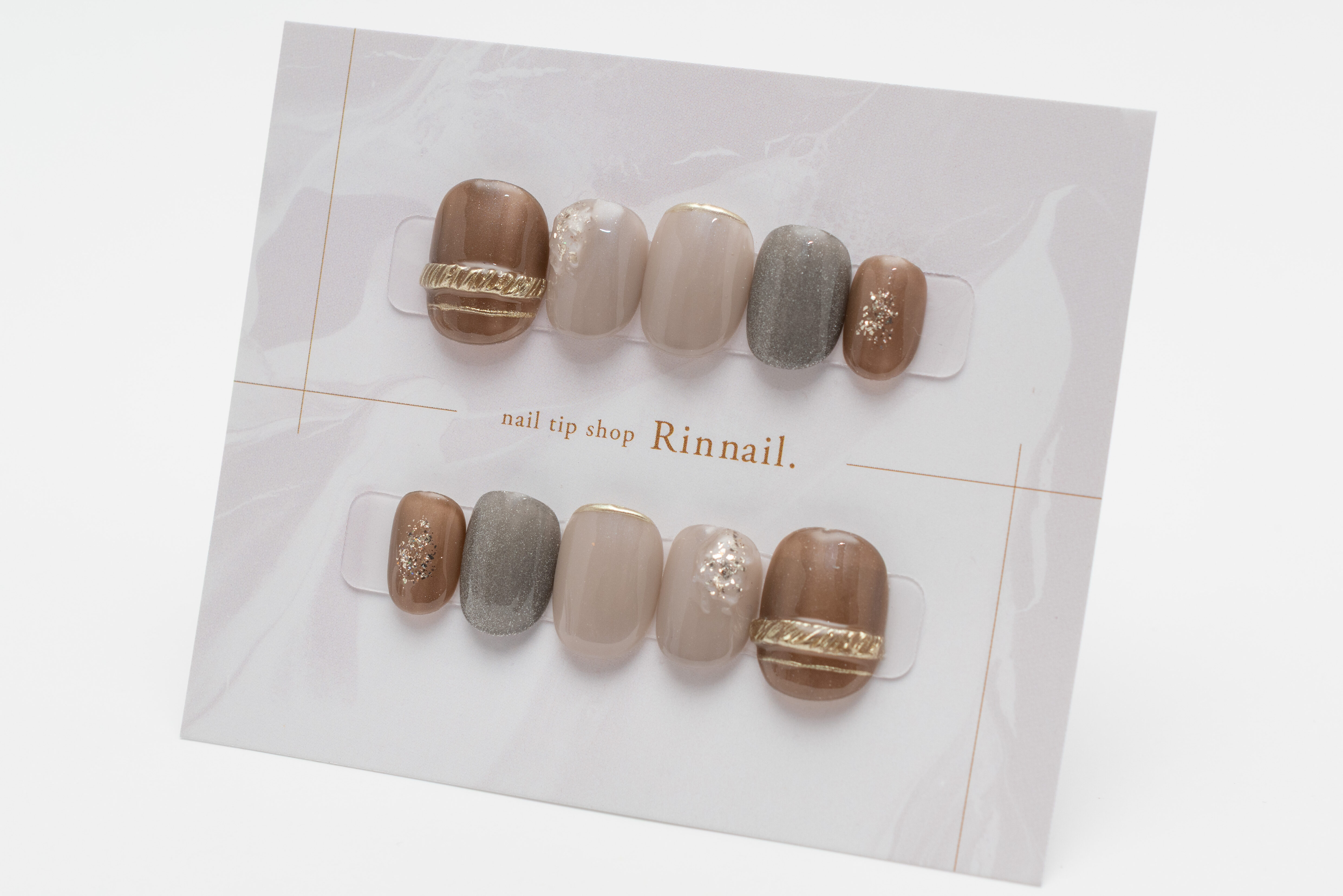 Rin nail様🌻ブラウン×グレージュ 上品ゴールドラインネイルチップ
